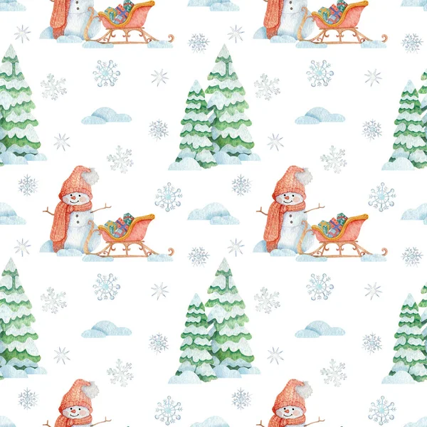 Christmas illustration with snowman, sleigh, gifts, fir trees, snowfall and snowmen. Hand-drawn bright seamless watercolor pattern. Winter bright background for design, fabrics, paper, decorations.