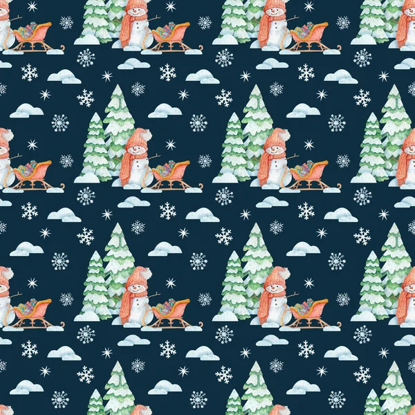 Рождественская Иллюстрация Снеговиком Санями Подарками Елками Снегопадами Снеговиками Ручной Рисунок — стоковое фото