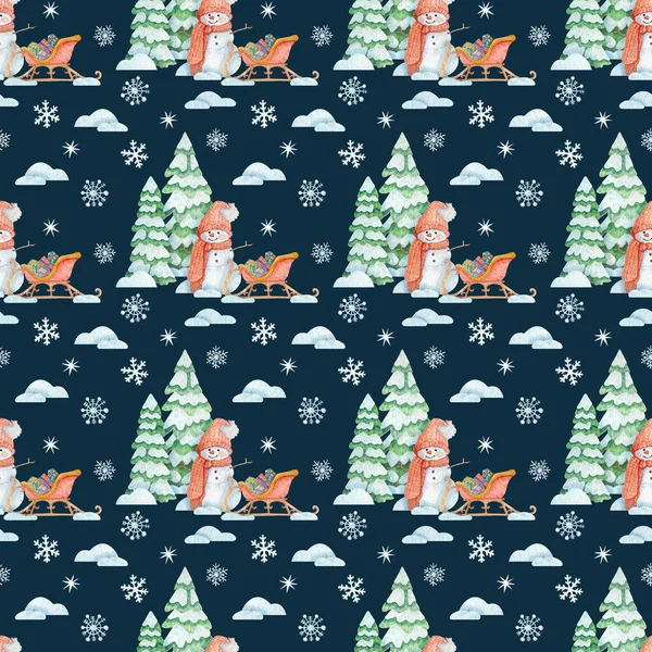 Christmas illustration with snowman, sleigh, gifts, fir trees, snowfall and snowmen. Hand-drawn dark seamless watercolor pattern. Winter bright background for design, fabrics, paper, decorations.