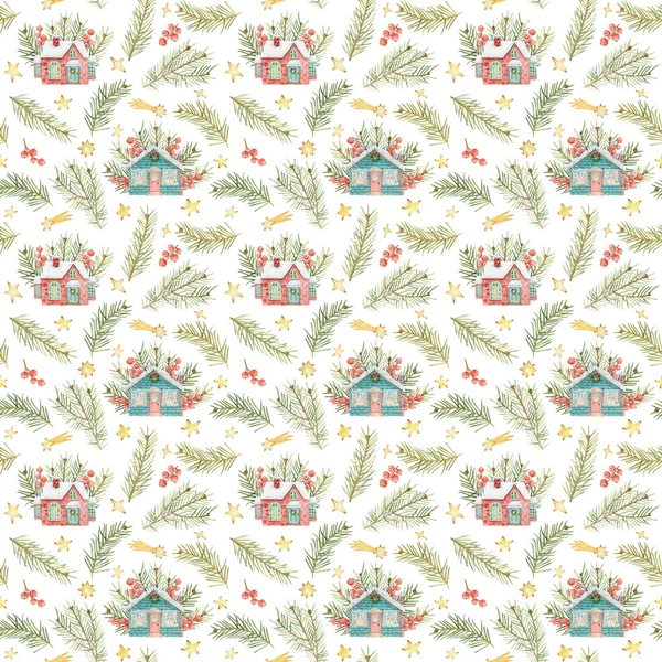 Seamless Bright Watercolor Pattern Christmas Houses Fir Branches Stars Red — Stock Photo, Image