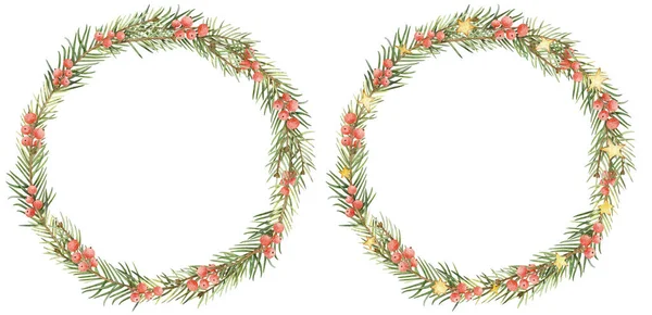手描きの水彩モミの枝 果実や星のクリスマスリース ステッカー印刷 ポストカード デザイン スクラップブッキング ブログデザインなどの休日の装飾イラスト — ストック写真