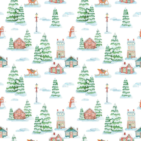 Hand-drawn watercolor seamless pattern with snowy Christmas village. Background with houses, Christmas trees, snowman, snowdrifts, sleighs for a festive mood, design, fabrics and packaging.