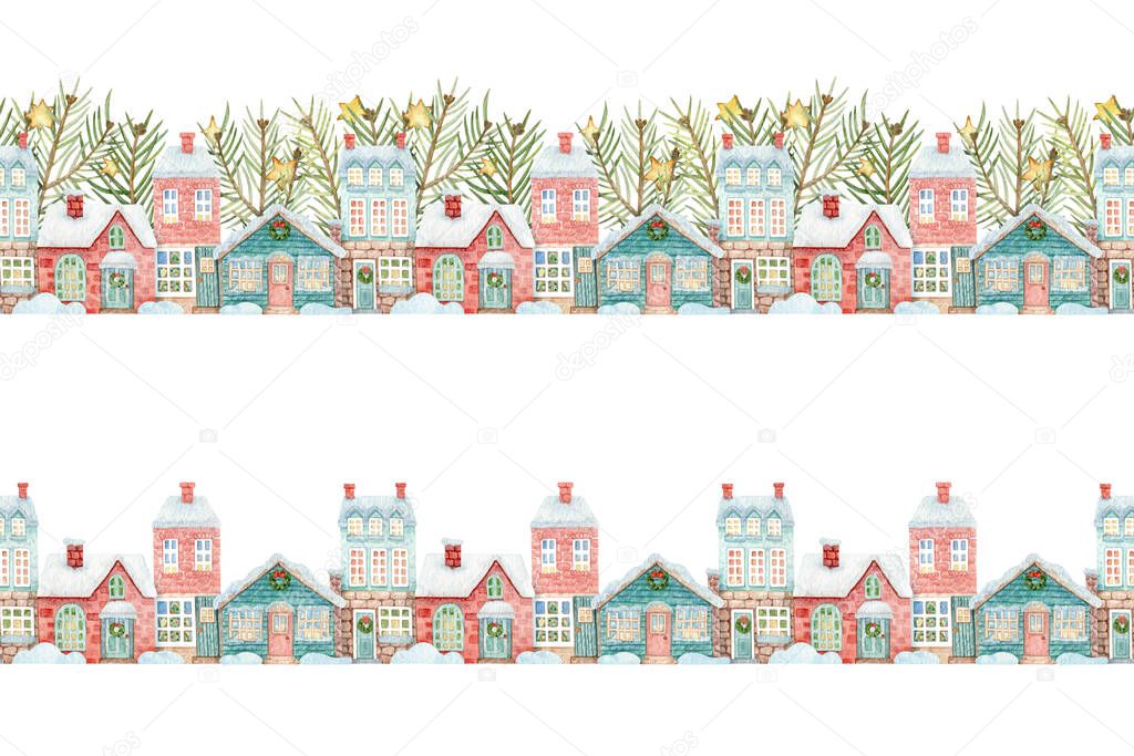 Set of watercolor seamless borders with Christmas houses, fir branches and stars. Hand-drawn winter pattern for decoration, design, banners, decorative tape, textiles and more.