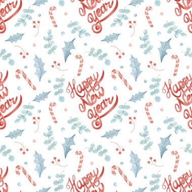 Yeni yıl temasında elle çizilmiş pürüzsüz desen. Konfeti, yapraklar, dallar, tatlılar ve dekorasyon, tasarım, kumaşlar ve ambalaj kağıtları için 