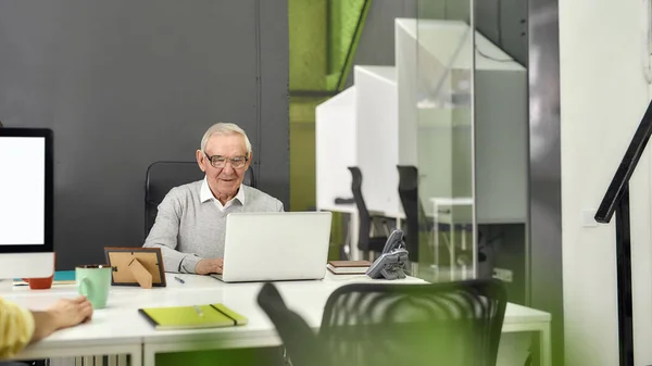 Hombre anciano, pasante senior mirando feliz mientras mecanografía, usando el ordenador portátil, sentado en el escritorio, trabajando en la oficina moderna —  Fotos de Stock