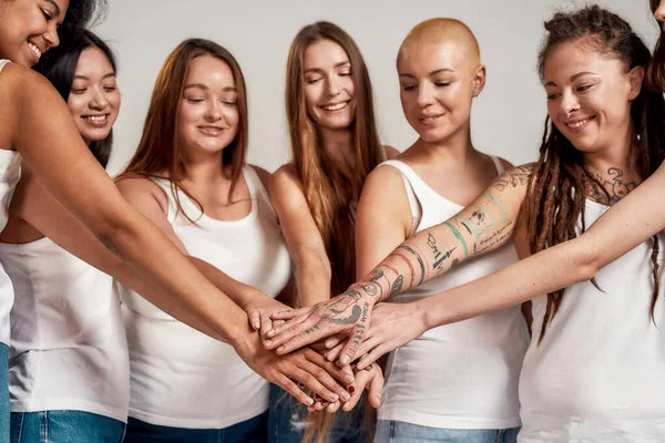 白いシャツを着た多様な女性のグループが団結し、灰色の背景に隔離されたままチームのように互いの上に手を置いています。 — ストック写真