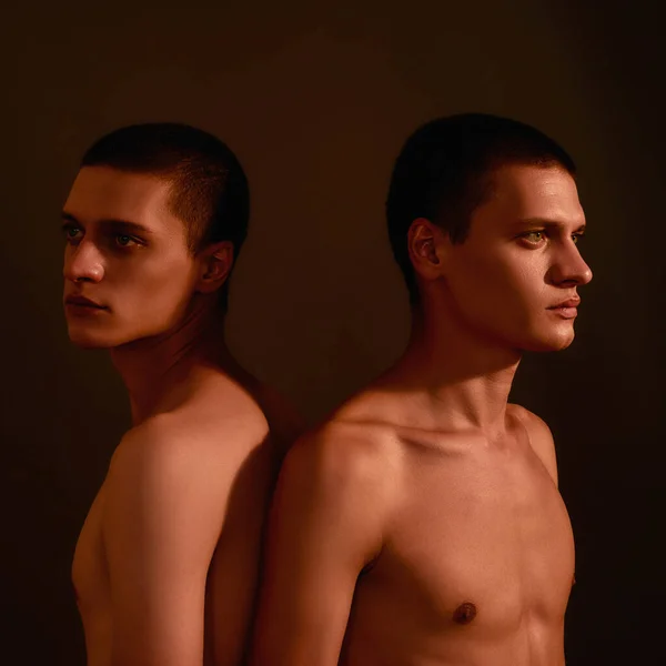 Προσωπογραφία δύο νεαρών ημίγυμνων ανδρών, Καυκάσιοι δίδυμοι αδελφοί που στέκονται πλάτη με πλάτη απομονωμένοι σε καφέ φόντο στο στούντιο — Φωτογραφία Αρχείου