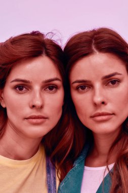 İki çekici genç kızın yakın portresi, ikiz kız kardeşler kameraya bakıyor, pembe arka planda birlikte poz veriyorlar.