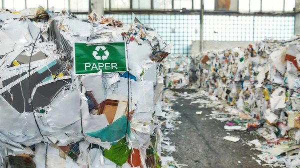 Atık kağıt yığınının yanında yeşil oklar — Stok fotoğraf