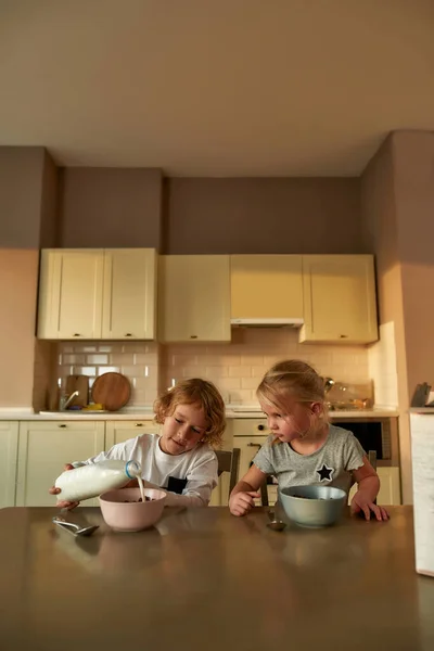 Kahvaltıyı hazırlarken mısır gevreğine süt döken tatlı çocuk mutfakta kız kardeşiyle birlikte oturuyor. — Stok fotoğraf