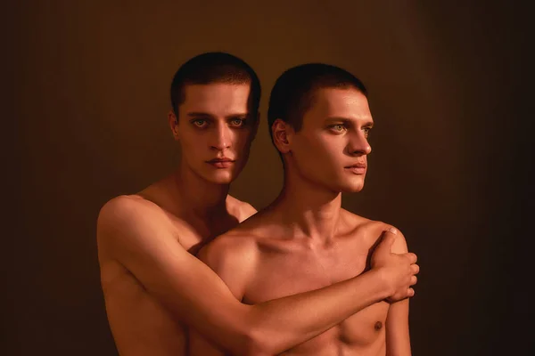 Retrato de hermanos gemelos semidesnudos jóvenes posando juntos en el estudio, de pie aislado sobre fondo marrón, vista frontal —  Fotos de Stock