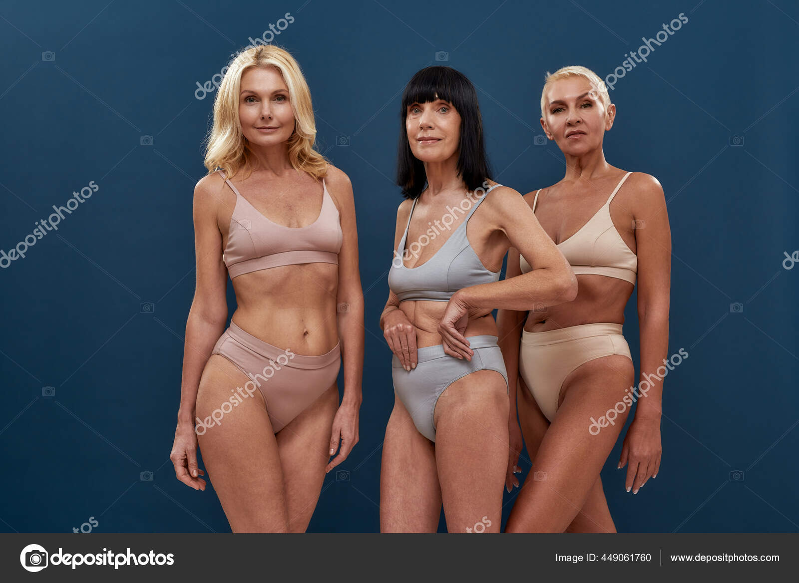 Love your body. Three attractive caucasian mature women in underwear  looking at camera Stock Photo by ©LanaStock 449061760