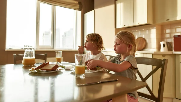 Dos lindos niños pequeños comiendo pan tostado con mantequilla de chocolate para el desayuno o el almuerzo mientras están sentados a la mesa en la cocina — Foto de Stock