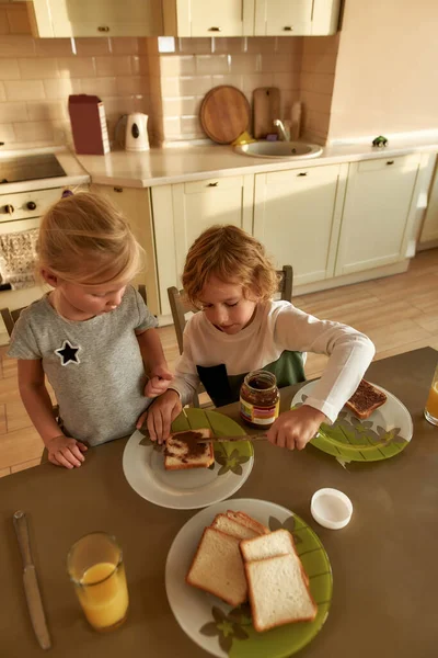 Sevgili erkek kardeşi tost ekmeğine çikolatalı fındık ezmesi sürerken kendisi ve kız kardeşi için mutfakta kahvaltı hazırlıyor. — Stok fotoğraf