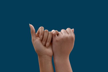 İki el birbirine kancayı takar. Mavi arka planda bir söz ya da af sembolü olarak serçe parmağı.