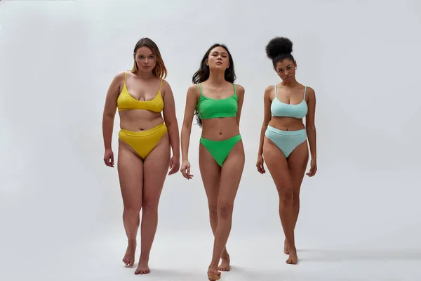 Largura completa de tres orgullosas mujeres diversas con diferentes formas de cuerpo en ropa interior colorida caminando hacia la cámara juntos aislados sobre fondo claro —  Fotos de Stock