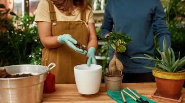 Genç bahçıvanların masanin yaninda dikilip, evdeki yeni saksıya ev bitkisi naklederken drenaj dökerek çekim yapmalari.