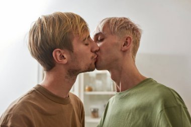 Genç beyaz homoseksüel erkek çift nazikçe öpüşüyor.