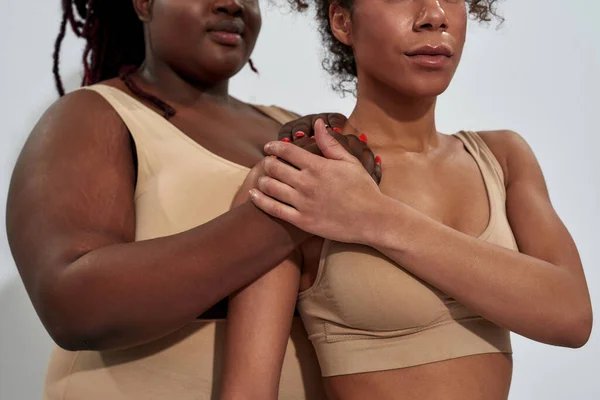 Colpo ritagliato di due donne afroamericane in biancheria intima beige che si sostengono a vicenda, in piedi insieme isolati su sfondo grigio — Foto Stock