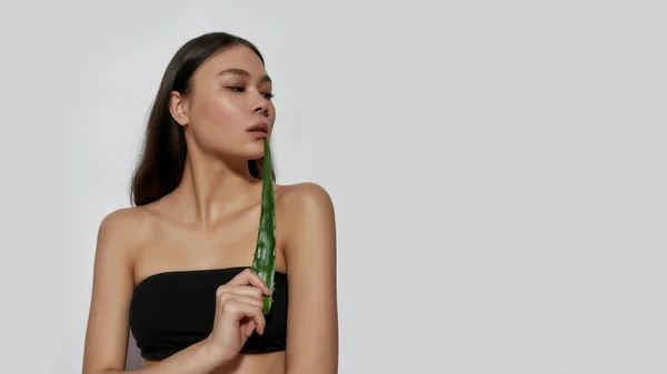 Sensual joven asiático chica holding verde aloe hoja —  Fotos de Stock