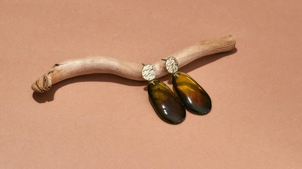 Studioaufnahme von Ohrhängern aus goldenem Metall und braunem Bernstein-Epoxidharz auf Holzstab isoliert über beigem Hintergrund — Stockfoto