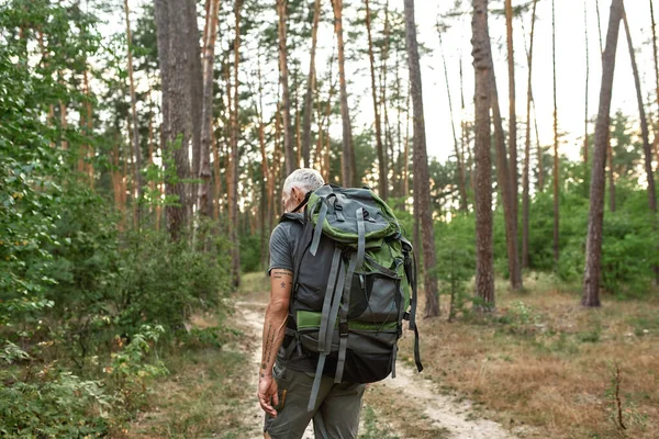Visão traseira do homem caucasiano maduro com mochila trekking — Fotografia de Stock