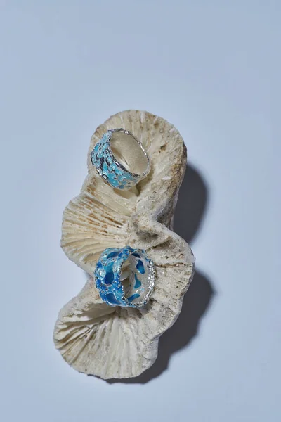 Handgefertigte Ringe aus silbernem Metall mit blauem Emaille verziert mit Muscheln isoliert über hellem Hintergrund — Stockfoto