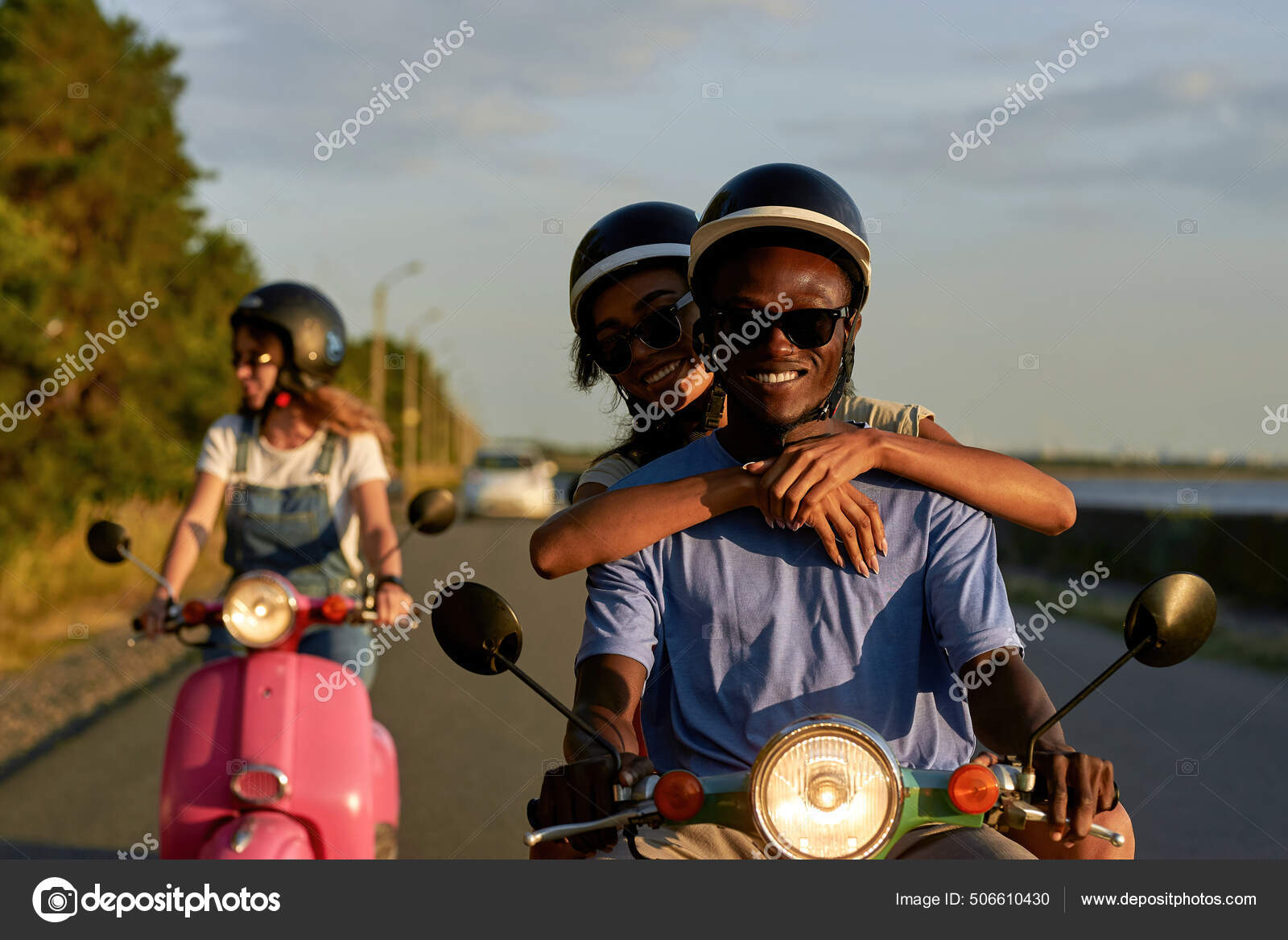 Smiling woman riding scooter with sunglasses. Generate Ai 34340849 Stock  Photo at Vecteezy