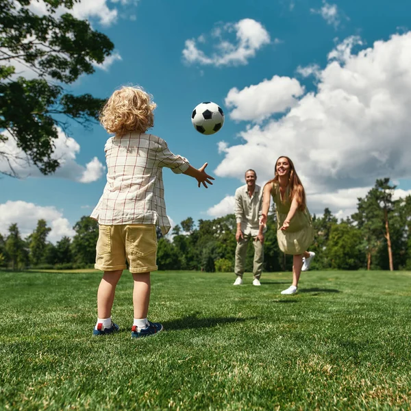 Les jeunes parents jouent avec leur petit fils sur un champ d'herbe dans le parc un jour d'été — Photo