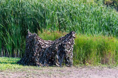 Camouflage tent for ambush in the reeds by the river clipart