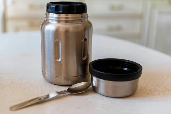 Close-up of steel thermos for food or jerrycan — Stock Photo, Image