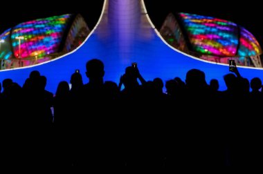 İzleyiciler gece vakti müzikal çeşme gösterisini izliyor.