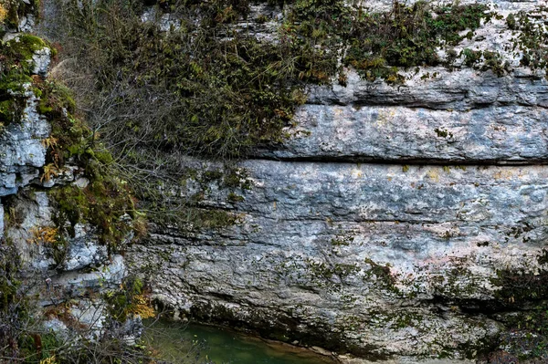 Landschaft mit tiefer Schlucht mit Gebirgsbach, der zwischen bemoosten Steinen fließt — Stockfoto