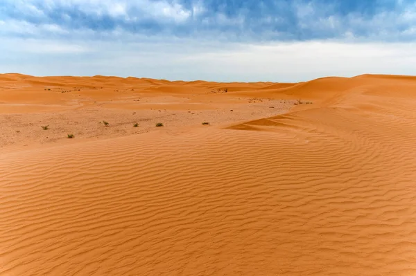 Paisagem deserta pitoresca com dunas e céu dramático — Fotografia de Stock