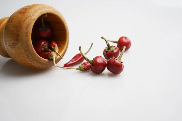 Composition with dried red hot peppers and wooden pot — Stock Photo, Image