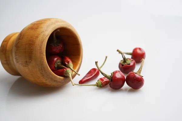 Kurutulmuş kırmızı biber ve ahşap pot ile kompozisyon — Stok fotoğraf