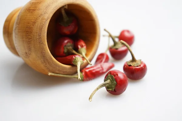 Composición con pimientos rojos secos y maceta de madera —  Fotos de Stock