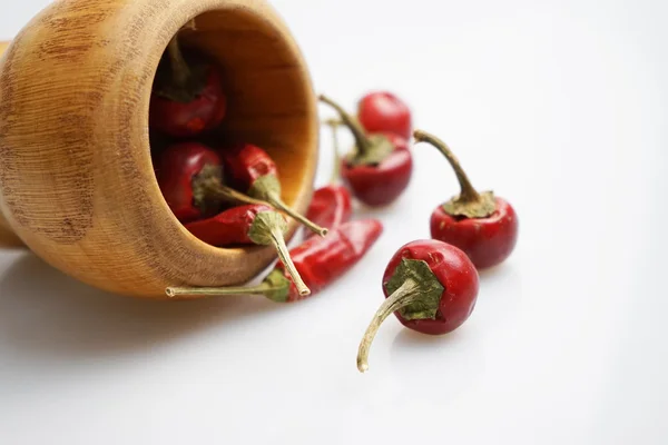 Composición con pimientos rojos secos y maceta de madera —  Fotos de Stock