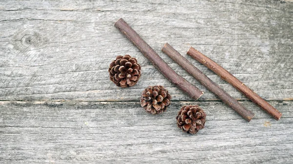 Still life composition with pine cones and wooden sticks. Vintage composition with Christmas theme — Stock Photo, Image