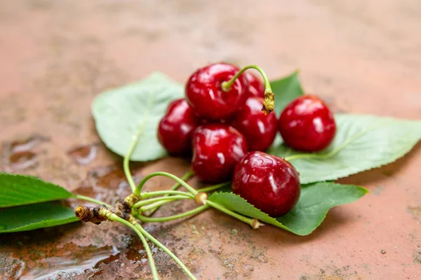 Cerezas Frescas Maduras Sabrosas Sobre Una Superficie Oxidada —  Fotos de Stock