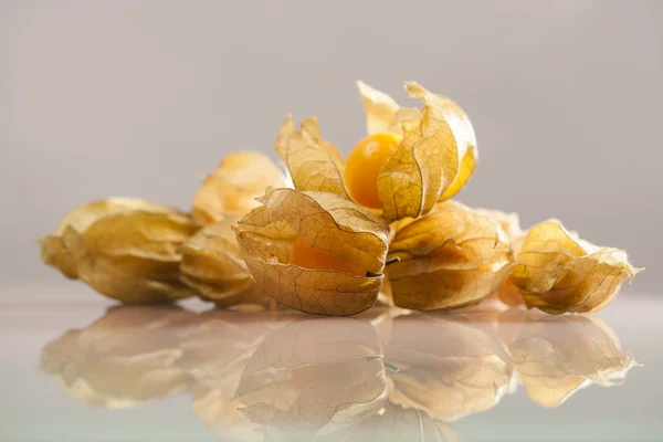 Primer plano de Physalis peruviana frutas con fondo gris claro y reflexiones —  Fotos de Stock