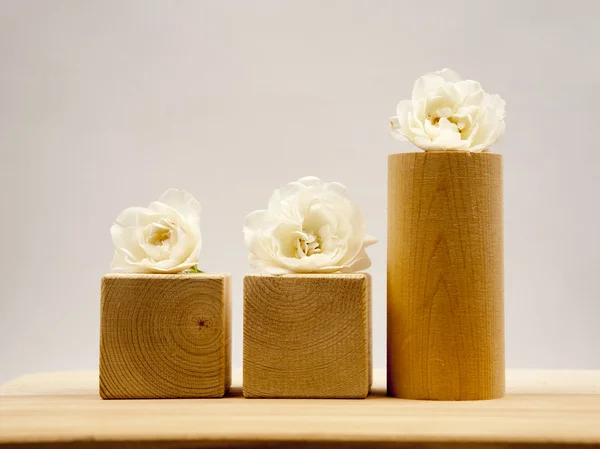 Houten geometrische stukken met witte rozen en licht grijze achtergrond — Stockfoto