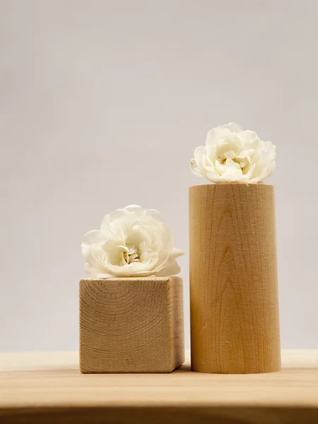 Ξύλινα τεμάχια γεωμετρικά με λευκά τριαντάφυλλα και ανοιχτό γκρι φόντο — Φωτογραφία Αρχείου