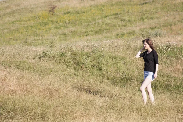 Hermosa chica con el pelo largo y liso posando en el campo — Foto de Stock