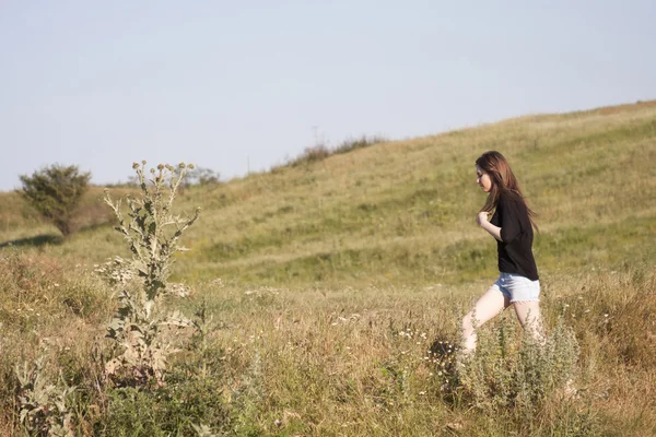 Krásná dívka s dlouhými, rovné vlasy, působícím v oblasti — Stock fotografie