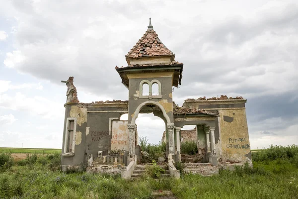 Partes de una casa en ruinas con cielo dramático - diferentes texturas y hierbas —  Fotos de Stock