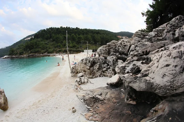 Saliara Beach (called Marble Beach), beautiful white beach in Thassos island, Greece. Landscape with water and rocks at sunset — Stock Photo, Image