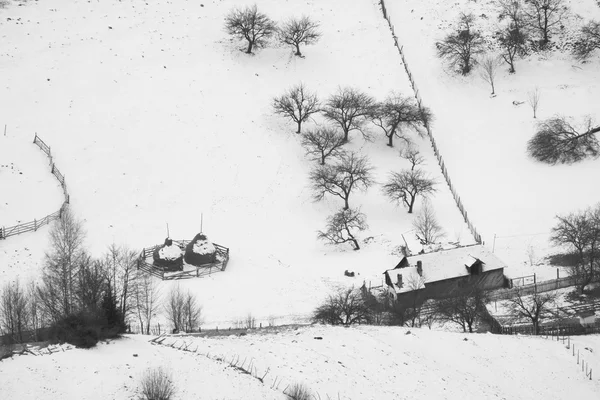 Paisagem de montanha de inverno com aldeias. Fotografia em preto e branco — Fotografia de Stock