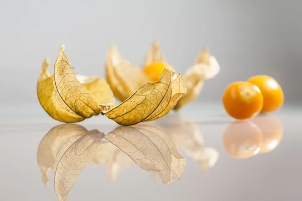 Primer plano de Physalis peruviana frutas con fondo gris claro y reflexiones —  Fotos de Stock