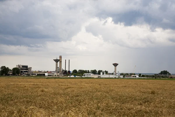 Industrial landscape with wheat field and dramatic clouds — Stock Photo, Image